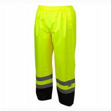 The Pyramex Safety Premium Hi-vis Rainwear Pants RRWP3110 are yellow with reflective stripes near the cuffs. These waterproof pants are designed with an elastic waistband and black lower leg sections to enhance comfort and visibility.