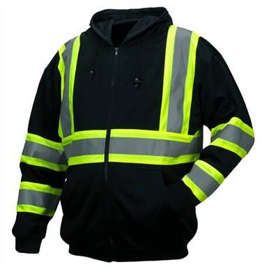 Introducing the Pyramex Safety Enhanced Visibility Sweatshirt RSZH3411: A black safety hoodie designed with fluorescent yellow and reflective gray stripes across the front, sleeves, and back. The stripes create a cross pattern on the front and encircle the arms for improved visibility.