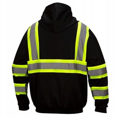 A rear view of the Pyramex Enhanced Visibility Sweatshirt RSZH3411 by Pyramex Safety displays its black hood with vibrant yellow and reflective gray safety stripes encircling the arms, waist, and shoulders.