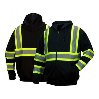 Product Name: Pyramex Enhanced Visibility Sweatshirt RSZH3411  
Brand Name: Pyramex Safety

Description: The Pyramex Enhanced Visibility Sweatshirt RSZH3411 by Pyramex Safety is a black hooded jacket featuring bright yellow reflective stripes along the chest, back, and sleeves for increased visibility. The hi-visibility design is showcased from both front and back views against a white background.