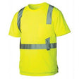 Introducing the Pyramex RTS21 Type R - Class 2 Hi-Vis T-Shirt from Pyramex Safety, designed in a vibrant yellow shade with reflective gray stripes strategically placed across the chest, shoulders, and waist to ensure maximum visibility. This moisture-wicking T-shirt keeps you cool and dry while working.