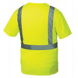 Introducing the Pyramex RTS21 Type R - Class 2 Hi-Vis T-Shirt by Pyramex Safety. This vibrant yellow t-shirt features gray reflective stripes on the back arranged in an inverted U-shape, and is made from moisture-wicking material to provide both comfort and enhanced visibility in any situation.