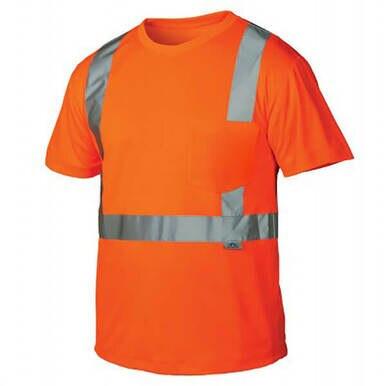 The Pyramex Safety RTS21 Type R - Class 2 Hi-Vis T-Shirt in orange is designed for high visibility, featuring moisture-wicking fabric and reflective silver strips across the chest and shoulders.