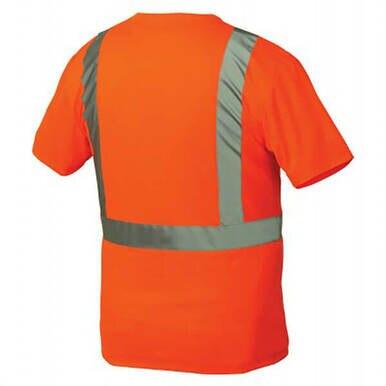 The Pyramex RTS21 Type R - Class 2 Hi-Vis T-Shirt by Pyramex Safety features a vibrant orange color with reflective gray strips arranged in a vertical and horizontal pattern on the back. Made from moisture-wicking fabric, this short-sleeve shirt is designed to provide both visibility and comfort in low-light conditions.