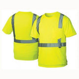 The Pyramex RTS21 Type R - Class 2 Hi-Vis T-Shirt by Pyramex Safety features a vibrant yellow color with moisture-wicking fabric and reflective silver stripes. Shown from both the front and back, the design incorporates horizontal and vertical high-quality reflective bands to boost visibility.