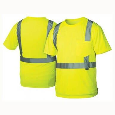 The Pyramex RTS21 Type R - Class 2 Hi-Vis T-Shirt by Pyramex Safety features a vibrant yellow color with moisture-wicking fabric and reflective silver stripes. Shown from both the front and back, the design incorporates horizontal and vertical high-quality reflective bands to boost visibility.