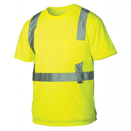 The Pyramex RTS21 Type R - Class 2 Hi-Vis T-Shirt by Pyramex Safety is a vibrant yellow shirt featuring reflective silver stripes and moisture-wicking fabric. It has short sleeves and a small chest pocket, ensuring safety in low-light conditions.