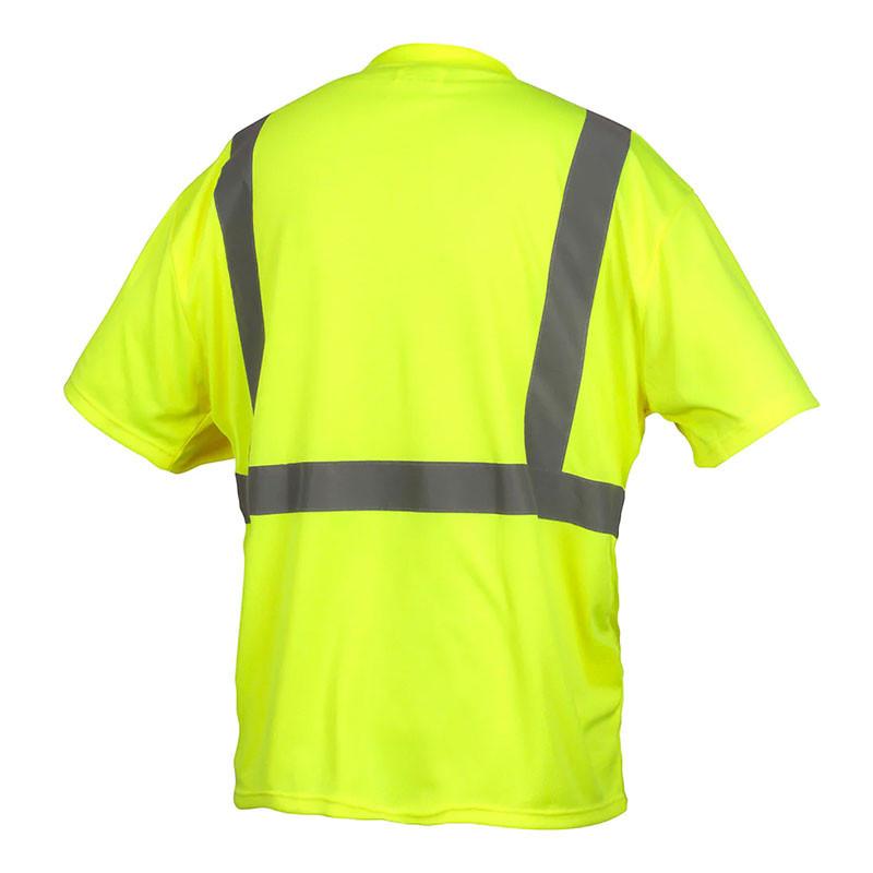 The Pyramex RTS21NP Series Hi-Vis Lime T-Shirts RTS2110NP by Pyramex Safety is a neon yellow short-sleeve safety shirt with reflective gray stripes across the back and shoulders, designed to meet ANSI Type R Class 2 standards. Its moisture-wicking fabric ensures you stay cool and comfortable while working.