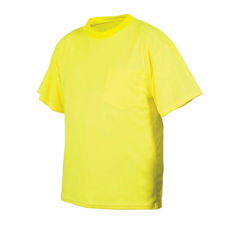 The Pyramex RTS21NS Series Hi-Vis Lime T-Shirt by Pyramex Safety showcases a vibrant color with a round neckline and short sleeves. It includes a convenient small pocket on the left chest, ideal for carrying essentials. This piece of high visibility clothing is set against a plain white background.