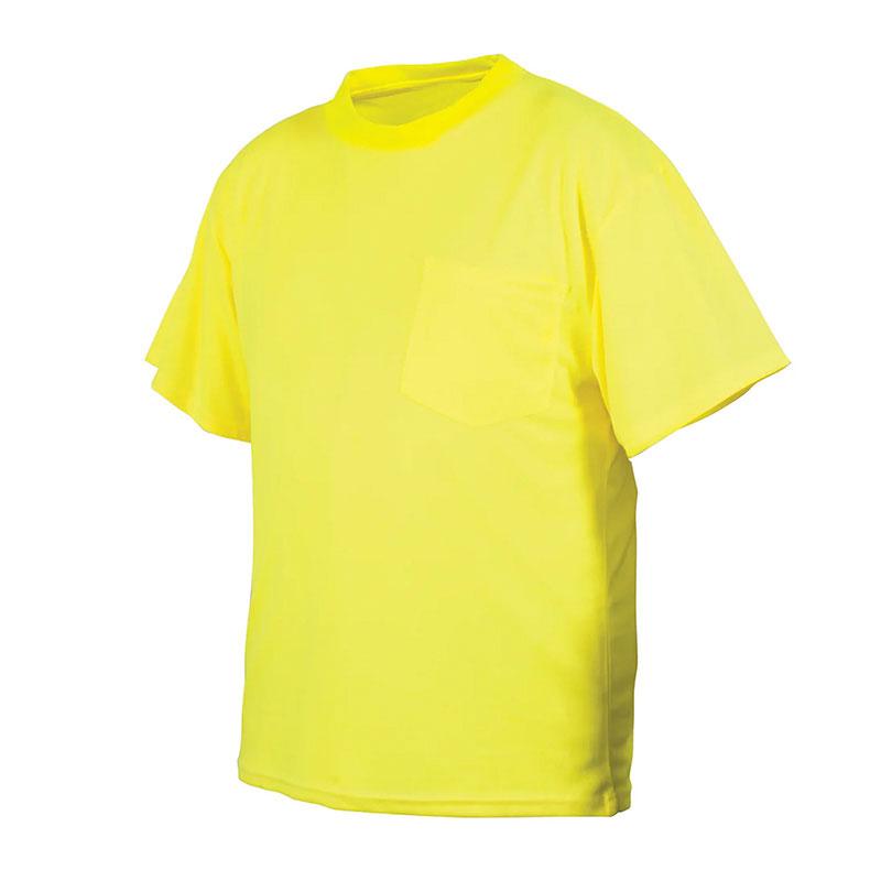 The Pyramex RTS21NS Series Hi-Vis Lime T-Shirt by Pyramex Safety is a bright yellow garment with short sleeves, a round neckline, and a left-side chest pocket. It offers the perfect blend of style and functionality, shown against a plain white background.