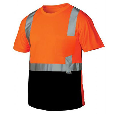 The Pyramex RTS21B Series Hi-Vis - Black Bottom T-Shirt by Pyramex Safety features a bright orange, lightweight polyester design with gray reflective strips to ensure maximum visibility. The black bottom half includes a small chest pocket on the left side and complies with ANSI/ISEA 107-2015 Type R Class 2 standards for superior visibility and comfort.