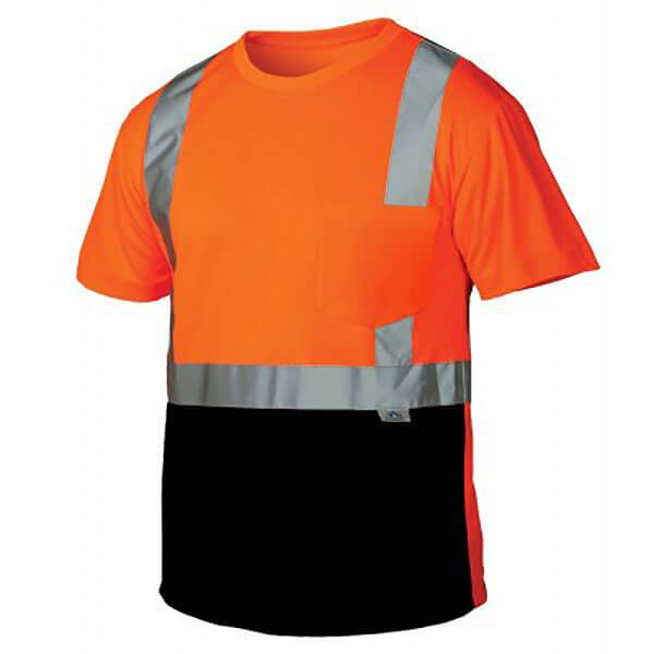 The Pyramex Safety RTS21B Series Hi-Vis - Black Bottom T-Shirt is a lightweight polyester safety shirt that includes reflective silver bands across the chest and shoulders. Its moisture-wicking fabric ensures both high visibility and comfort, meeting ANSI/ISEA 107-2015 Type R Class 2 standards.