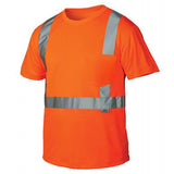 The Pyramex RTS21 Type R - Class 2 Hi-Vis T-Shirt by Pyramex Safety comes in a vibrant orange design with reflective silver bands across the chest and shoulders, along with a small pocket on the left side for added functionality and visibility.