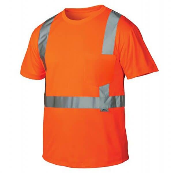 The Pyramex RTS21 Type R - Class 2 Hi-Vis T-Shirt by Pyramex Safety showcases short sleeves and is designed in bright orange with reflective silver stripes that run across the chest and over the shoulders. It's made from a moisture-wicking, reflective material ensuring both comfort and safety.