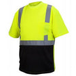 The Pyramex RTS21B Series Hi-Vis - Black Bottom T-Shirt by Pyramex Safety complies with ANSI/ISEA 107-2015 Type R Class 2 standards. This short-sleeved, moisture-wicking shirt features a bright yellow upper with reflective gray stripes across the shoulders and chest, contrasted by a black lower half and includes a convenient left-side chest pocket.