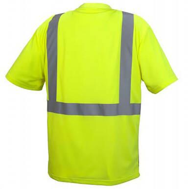 The Pyramex RTS21B Series Hi-Vis - Black Bottom T-Shirt by Pyramex Safety is a fluorescent yellow safety shirt crafted from lightweight, moisture-wicking polyester with reflective gray bands on the back and shoulders, tailored for enhanced visibility. It meets ANSI/ISEA 107-2015 Type R Class 2 standards to ensure maximum safety.