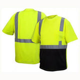 Two Pyramex RTS21B Series Hi-Vis - Black Bottom T-Shirts by Pyramex Safety, designed to meet ANSI/ISEA 107-2015 Type R Class 2 standards. These shirts are bright yellow with reflective gray strips and a black bottom half, crafted from Hi-Vis lightweight polyester. They feature short sleeves and crew necks for optimal comfort.