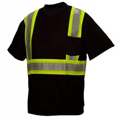 The Pyramex Safety RTS2311 Enhanced Visibility T-Shirt is a black top featuring bright yellow reflective safety strips across the chest, back, and shoulders to improve visibility.