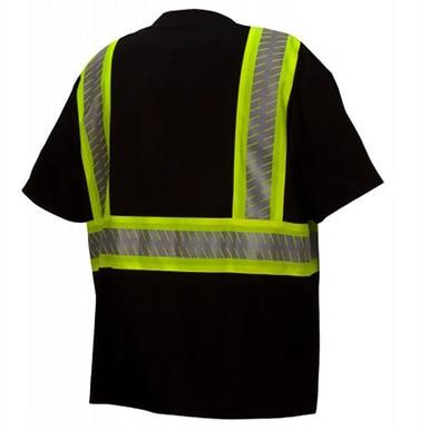 The Pyramex Enhanced Visibility T-Shirt RTS2311 by Pyramex Safety is a black short-sleeve shirt designed for enhanced visibility. It features bright yellow reflective safety stripes on the back, forming a square pattern with two vertical and one horizontal line, and meets ANSI/ISEA 107-2015 standards for high visibility.