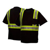 The Pyramex Safety Enhanced Visibility T-Shirt RTS2311 is a black and yellow reflective shirt designed to meet the ANSI/ISEA 107-2015 standards.