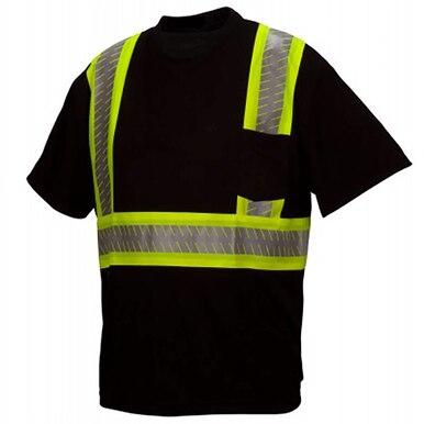 The Pyramex Safety Enhanced Visibility T-Shirt RTS2311 is a black tee designed with vivid yellow reflective stripes on the chest, shoulders, and back to improve visibility. It is perfectly suited for situations that demand compliance with ANSI/ISEA 107-2015 high-visibility standards.