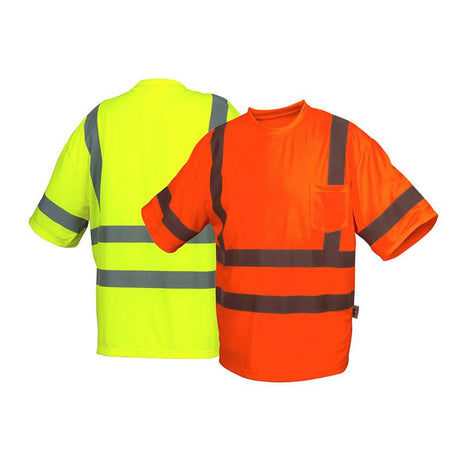 Displayed are two essential summer workwear items from Pyramex Safety: the RTS34 Series Type R Class 3 T-Shirt in neon yellow and bright orange. Both shirts feature reflective gray stripes, are designed for comfort with moisture-wicking short sleeves, and include a practical front pocket.