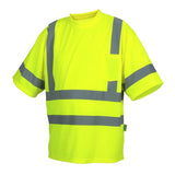 The Pyramex RTS34 Series Type R Class 3 T-Shirt by Pyramex Safety is a bright yellow-green, moisture-wicking workwear shirt. It features reflective gray stripes across the chest, sleeves, and a pocket on the left chest. Designed for summer use, this high-visibility short-sleeved t-shirt keeps you cool while ensuring you are easily seen.