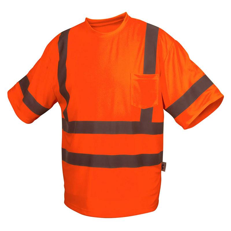 The Pyramex RTS34 Series Type R Class 3 T-Shirt by Pyramex Safety is an essential piece of summer workwear. Featuring a vibrant orange color with reflective gray stripes and a front pocket, this t-shirt ensures safety in construction or industrial settings. It boasts short sleeves and a crew neck, and its moisture-wicking fabric delivers all-day comfort.