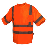 The Pyramex RTS34 Series Type R Class 3 T-Shirt by Pyramex Safety is an essential piece of summer workwear. Featuring a vibrant orange color with reflective gray stripes and a front pocket, this t-shirt ensures safety in construction or industrial settings. It boasts short sleeves and a crew neck, and its moisture-wicking fabric delivers all-day comfort.