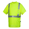 The Pyramex Safety RTSHS21 Series Type R - Class 2 T-Shirt is a bright yellow Hi-Vis shirt featuring reflective silver stripes across the front and shoulders for enhanced safety. It includes a moisture-wicking fabric with a small chest pocket on the left side, making it ideal for practicality and comfort in high-demand environments.