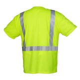 The Pyramex RTSHS21 Series Type R - Class 2 T-Shirt by Pyramex Safety is a high visibility garment in a striking bright yellow color, featuring reflective gray stripes on the back in an "H" pattern. This short-sleeved shirt is crafted with moisture-wicking fabric to ensure comfort while enhancing visibility.