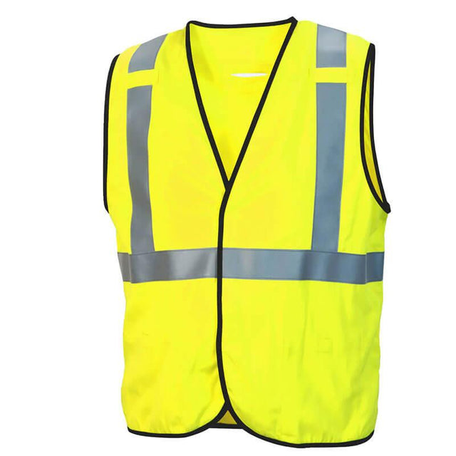 The Pyramex Safety RVHL50FR Series Type R Class 2 AR/FR Vest is a bright yellow high-visibility vest featuring silver reflective stripes across the chest and shoulders. It has black trim along the edges and is designed to enhance visibility, making it ideal for settings that require arc flash protection.