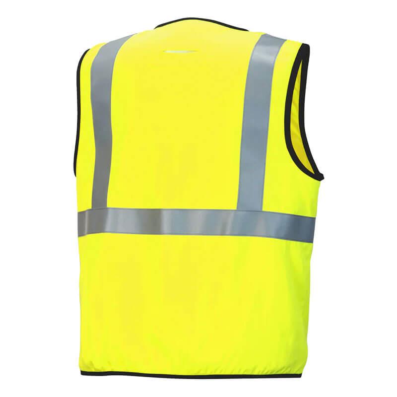 The image shows the back of a Pyramex RVHL50FR Series Type R Class 2 AR/FR Vest by Pyramex Safety, which is flame-resistant and bright yellow with reflective gray horizontal and vertical stripes for high visibility.