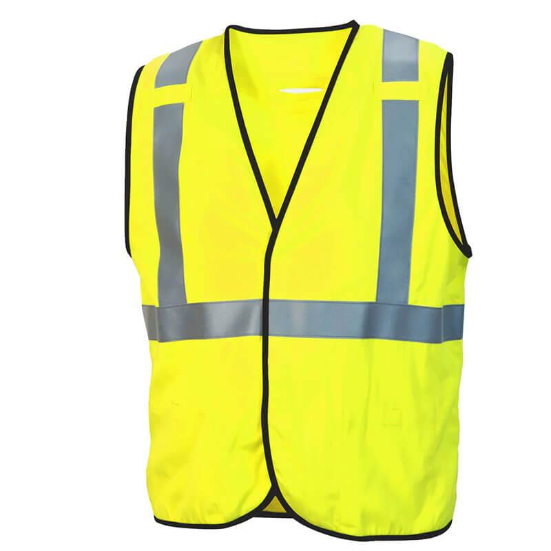 The Pyramex Safety RVHL50FR Series Type R Class 2 AR/FR Vest features a vibrant yellow color with reflective silver stripes and black trim, offering enhanced visibility and arc flash protection.