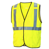 The Pyramex RVHL50FR Series Type R Class 2 AR/FR Vest by Pyramex Safety is displayed against a plain background. This flame-resistant vest, in a striking bright yellow with reflective gray stripes and black edging, features a simple sleeveless design that enhances safety while maintaining comfort.