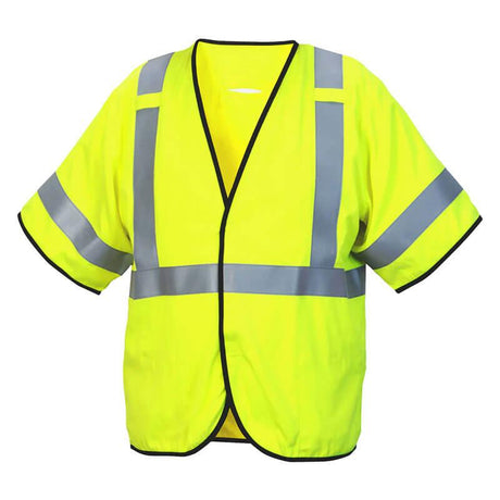 Introducing the Pyramex Safety RVHL51FR Series Type R Class 3 AR/FR Vest, a short sleeve high-visibility work wear vest in bright yellow featuring gray reflective stripes across the chest and shoulders for enhanced safety.