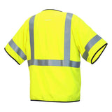 This Pyramex Safety RVHL51FR Series Type R Class 3 AR/FR Vest is a high-visibility workwear option in bright yellow. It is designed with reflective silver stripes on the back and sleeves, short sleeves, and black trim. It also offers essential arc flash protection for enhanced safety while on the job.