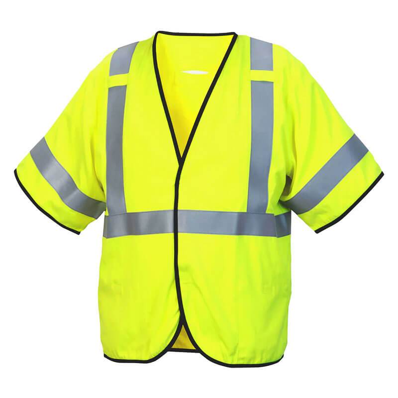 The Pyramex RVHL51FR Series Type R Class 3 AR/FR Vest by Pyramex Safety is a high-visibility workwear piece featuring a vibrant yellow color, short sleeves, and reflective silver stripes across the shoulders, chest, and waist. The vest is outlined with black trim to enhance safety in various environments.