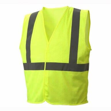 The Pyramex All Mesh Hi-Vis Safety Vest RVHLM29 by Pyramex Safety is made from sturdy polyester mesh fabric and includes two vertical and two horizontal reflective stripes. Its sleeveless style with a V-neck opening offers both comfort and high visibility. Displayed against a plain white background, the vibrant vest emphasizes its safety features.