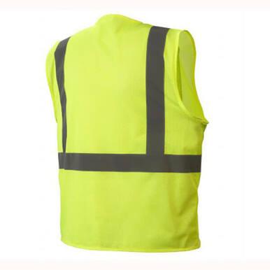 The Pyramex All Mesh Hi-Vis Safety Vest RVHLM29 by Pyramex Safety features a bright lime design with reflective gray stripes on the back, made from durable polyester mesh material to improve visibility in low-light conditions.