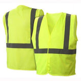 Two Pyramex Safety RVHLM29 safety vests, designed with Hi-Vis Lime color and reflective gray stripes, made from durable polyester mesh. One vest is shown from the back and the other from the front, highlighting their outstanding visibility features for enhanced safety in high-traffic or low-light conditions.