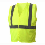 The Pyramex Safety All Mesh Hi-Vis Safety Vest RVHLM29, made from robust polyester mesh, is characterized by its vibrant yellow color complemented by black vertical and horizontal reflective stripes on the front. This sleeveless V-neck vest provides exceptional visibility and comfort in any setting.