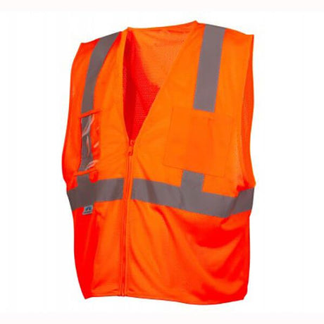 The Pyramex Safety Pyramex Class 2 Economy Vest with Clear Pocket RVZ21CP is designed in a bright orange color with reflective gray stripes across the chest and shoulders, and includes front pockets. It complies with ANSI Class 2 standards, guaranteeing visibility and safety in work environments.