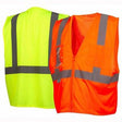 Displayed are two hi-vis safety vests from Pyramex Safety. The vest on the left is a yellow Pyramex Class 2 Economy Vest with Clear Pocket RVZ21CP, featuring reflective gray stripes, while the one on the right is orange with comparable reflective material. These ANSI Class 2 vests are crucial for safety in low-visibility environments.