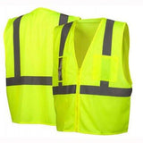 Two yellow Pyramex Class 2 Economy Vests with reflective gray stripes are displayed. One vest is shown from the front, featuring a zippered closure and a clear pocket, while the other is depicted from the back. Both vests meet ANSI Class 2 standards for optimal visibility.