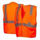 A pair of bright orange Pyramex Safety ANSI Class 2 Hi-Vis vests, model RVZ21CP, with gray reflective stripes. One vest is shown from the front and the other from the rear. These vests feature a practical zipper closure and functional pockets on the front.