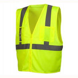 The Pyramex Safety RVZ21CP features a bright yellow Hi-Vis design with reflective gray strips and is certified as ANSI Class 2. It includes a front zipper and utility pockets, ensuring visibility and safety in work environments.