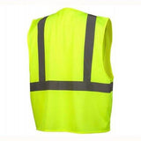 The Pyramex Safety Hi-Vis Vest, specifically the Pyramex Class 2 Economy Vest with Clear Pocket RVZ21CP, boasts a bright yellow design with ANSI Class 2 certification and features two vertical and one horizontal reflective gray stripe on the back against a plain white background.