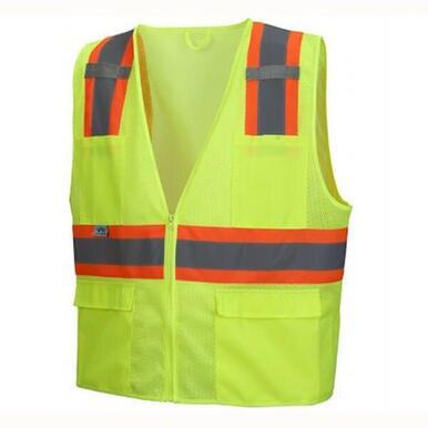 The Pyramex Safety RVZ23 Series Hi-Viz Safety Vest is a fluorescent yellow vest featuring reflective orange and gray stripes. It comes with a front zipper, two large pockets, and high-quality reflective tape for optimal visibility.