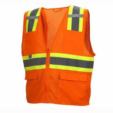 The Pyramex RVZ23 Series Hi-Viz Safety Vest by Pyramex Safety is a crucial bright orange garment that meets ANSI Type R - Class 2 standards. It features yellow and gray reflective tape on the shoulders and chest for enhanced visibility. Additionally, it is equipped with front pockets and a zip closure for practical use, ensuring optimal safety.